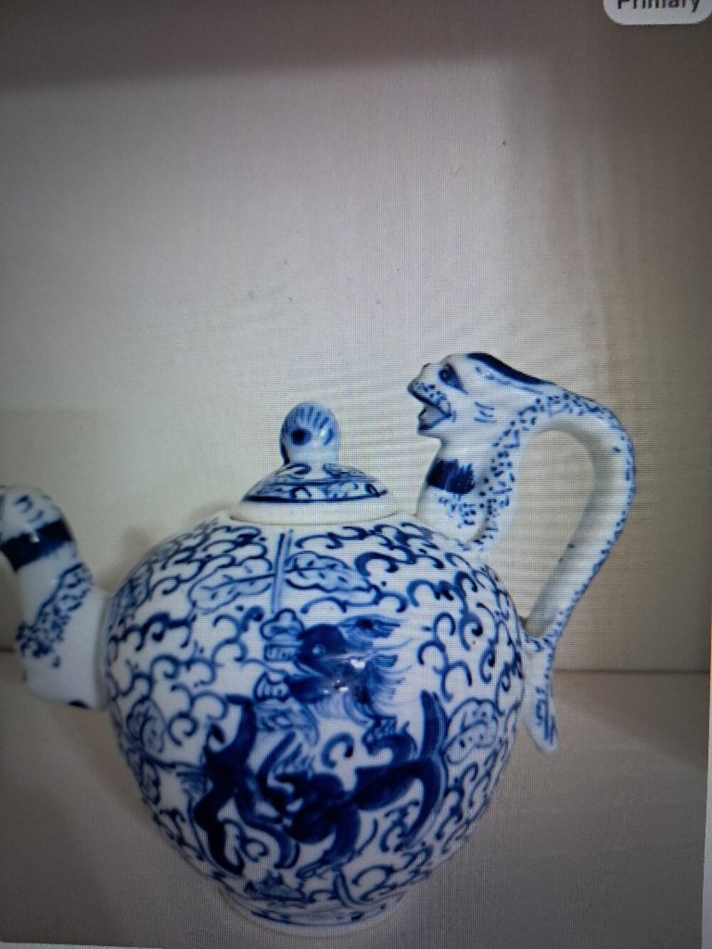 Vintage, Chinese Blue and White Porcelain Dragon Teapot Marked